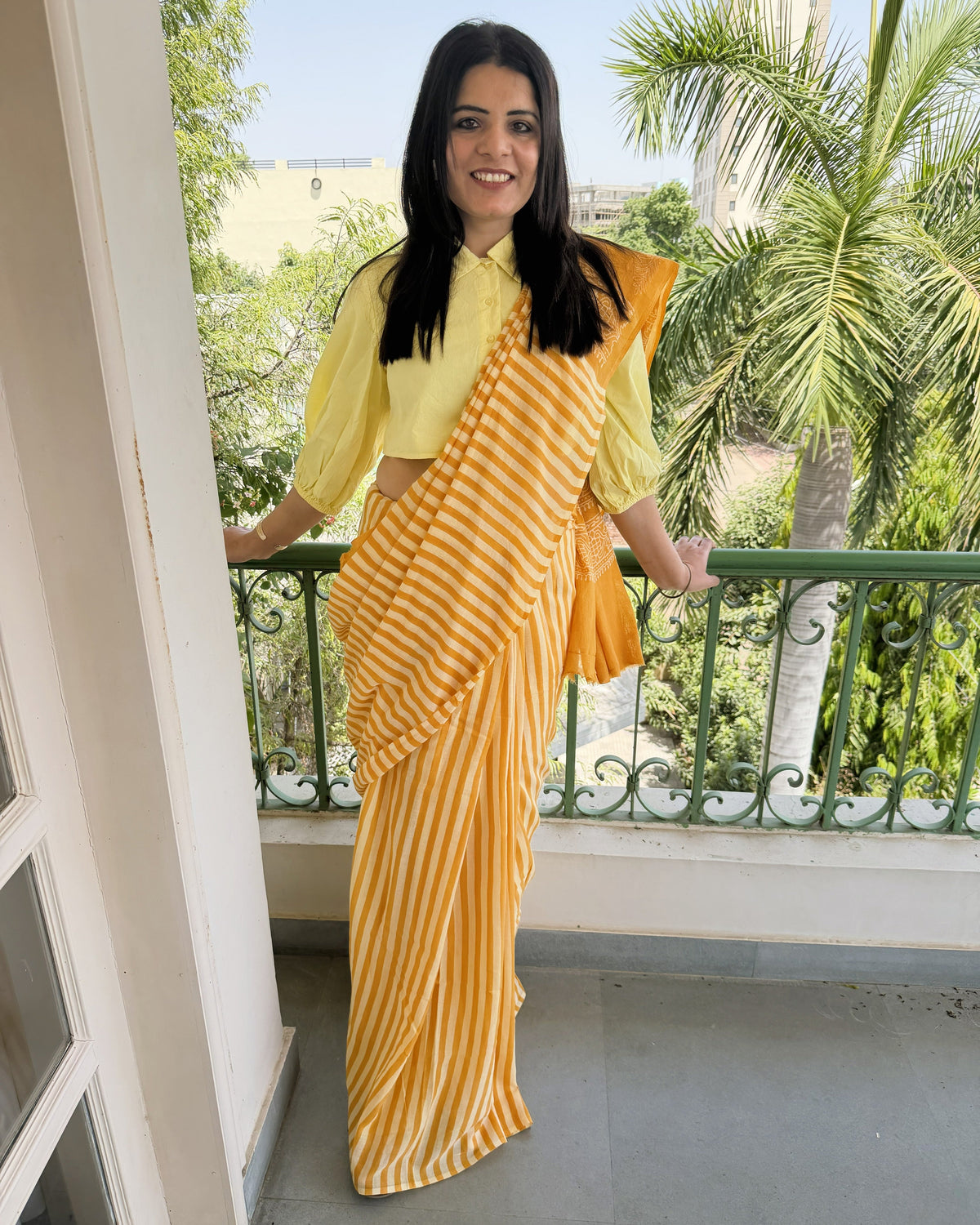 yellow orange mul cotton saree front view striped