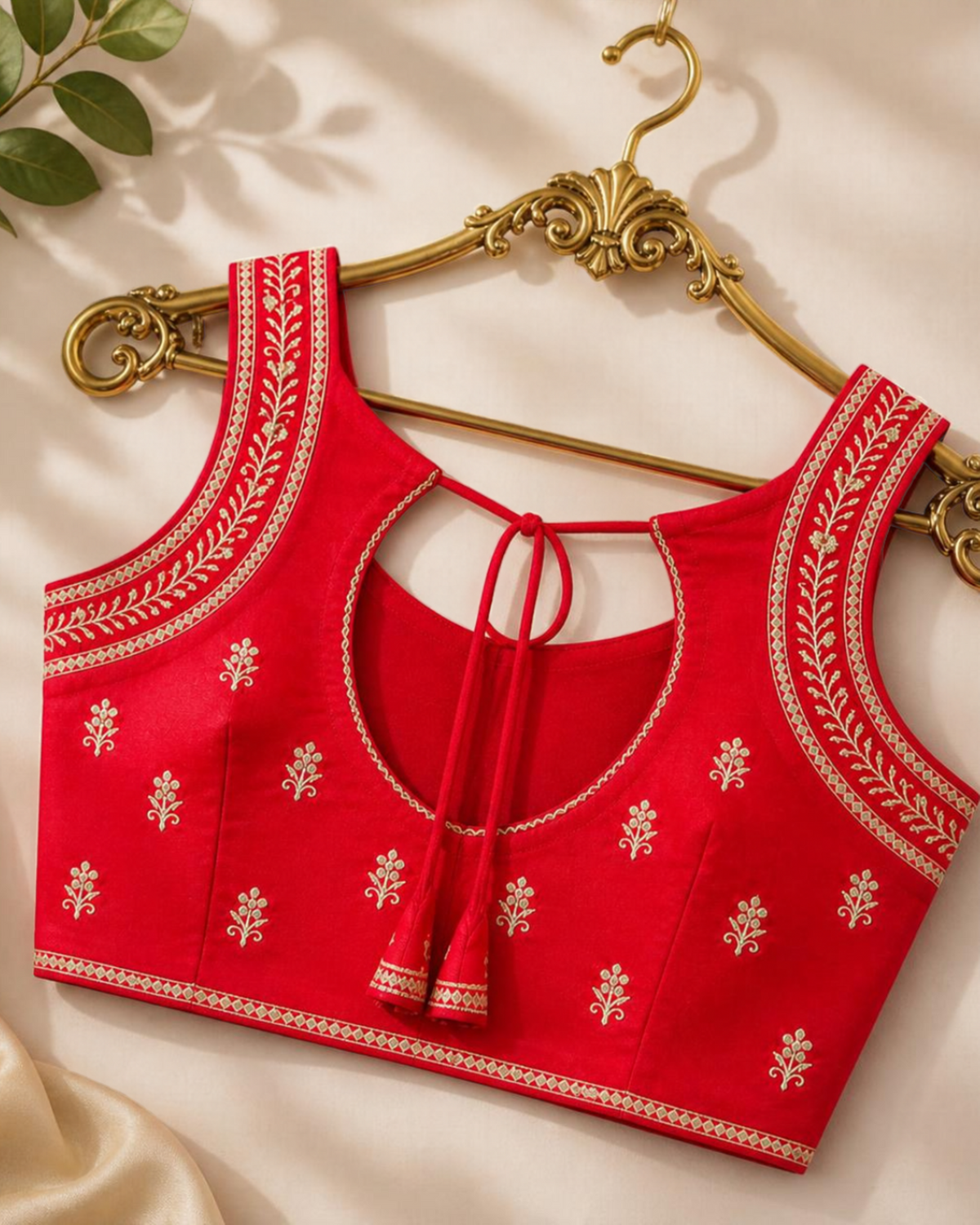 Red Sleeveless Zari Work Blouse with Dori on Back