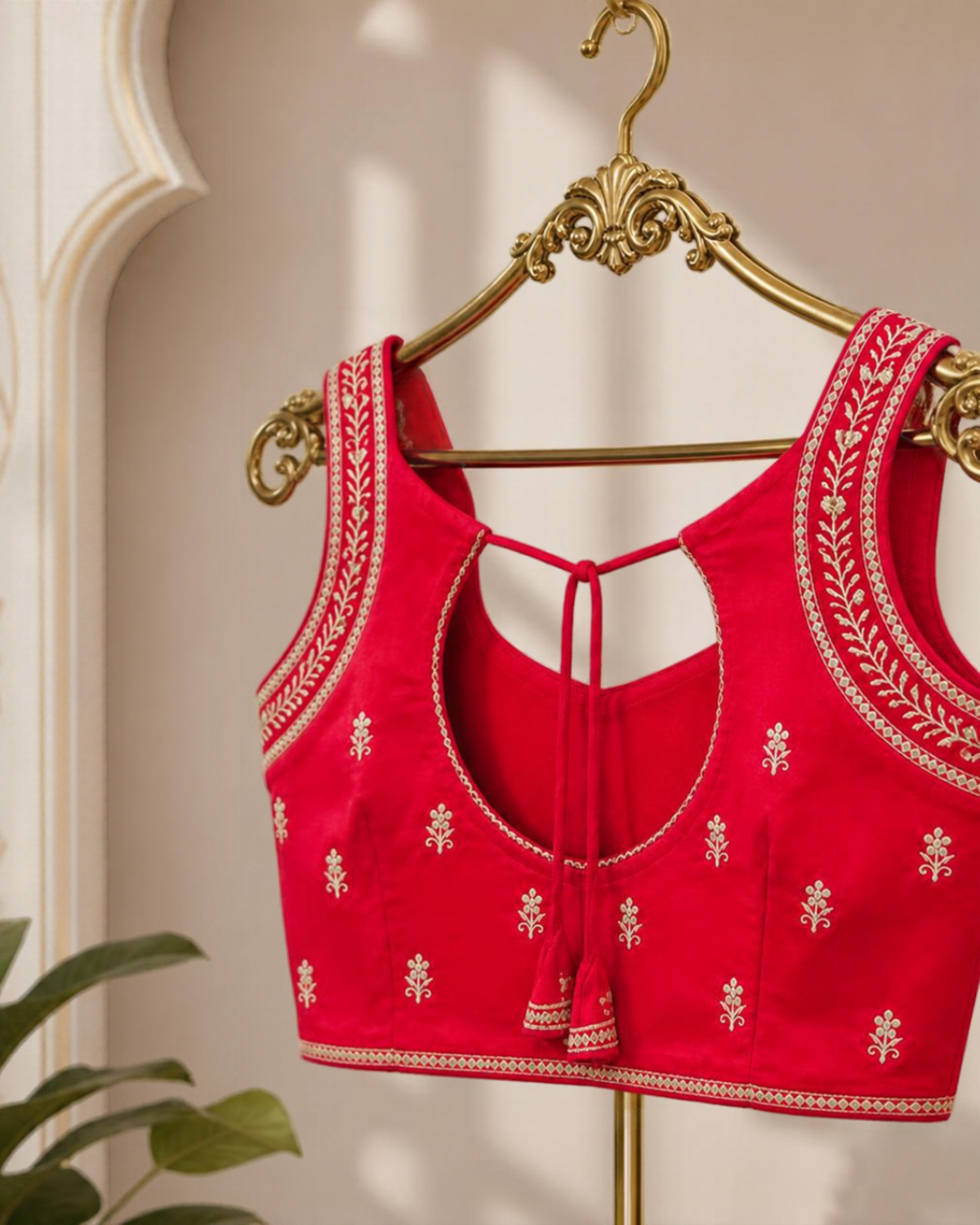 Red Sleeveless Zari Work Blouse with Dori on Back