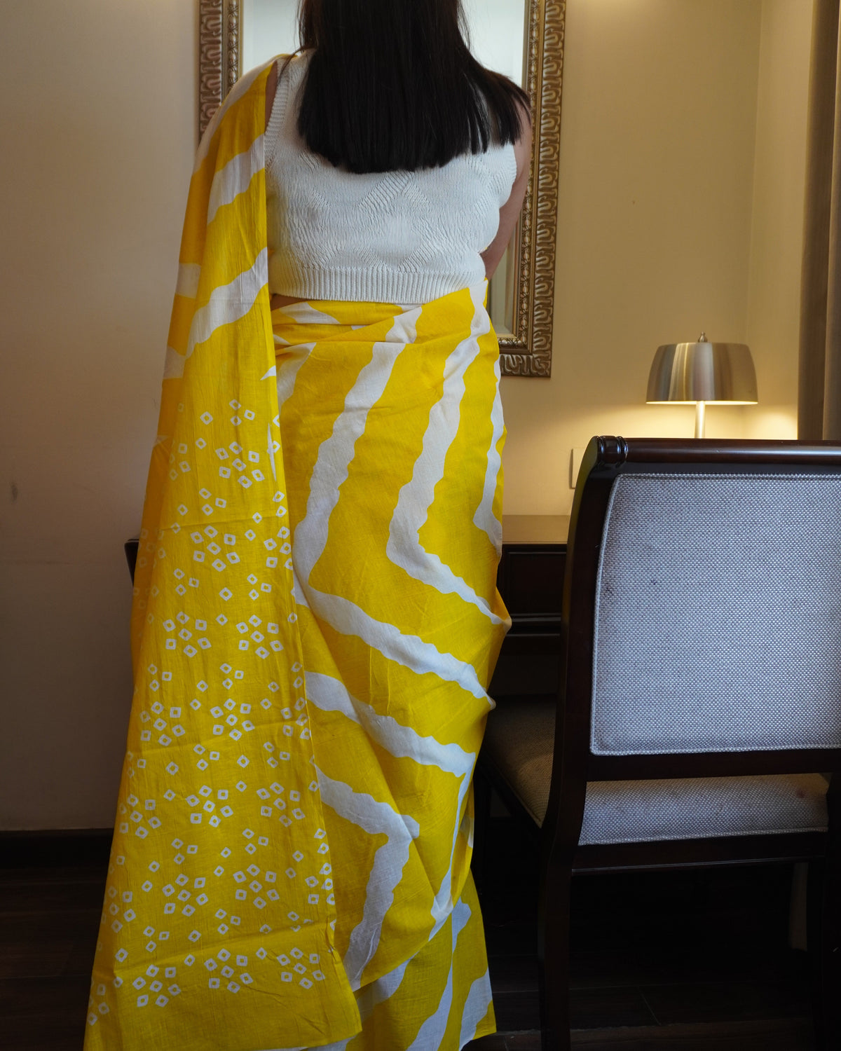 Yellow & White Lehriya Cotton Saree