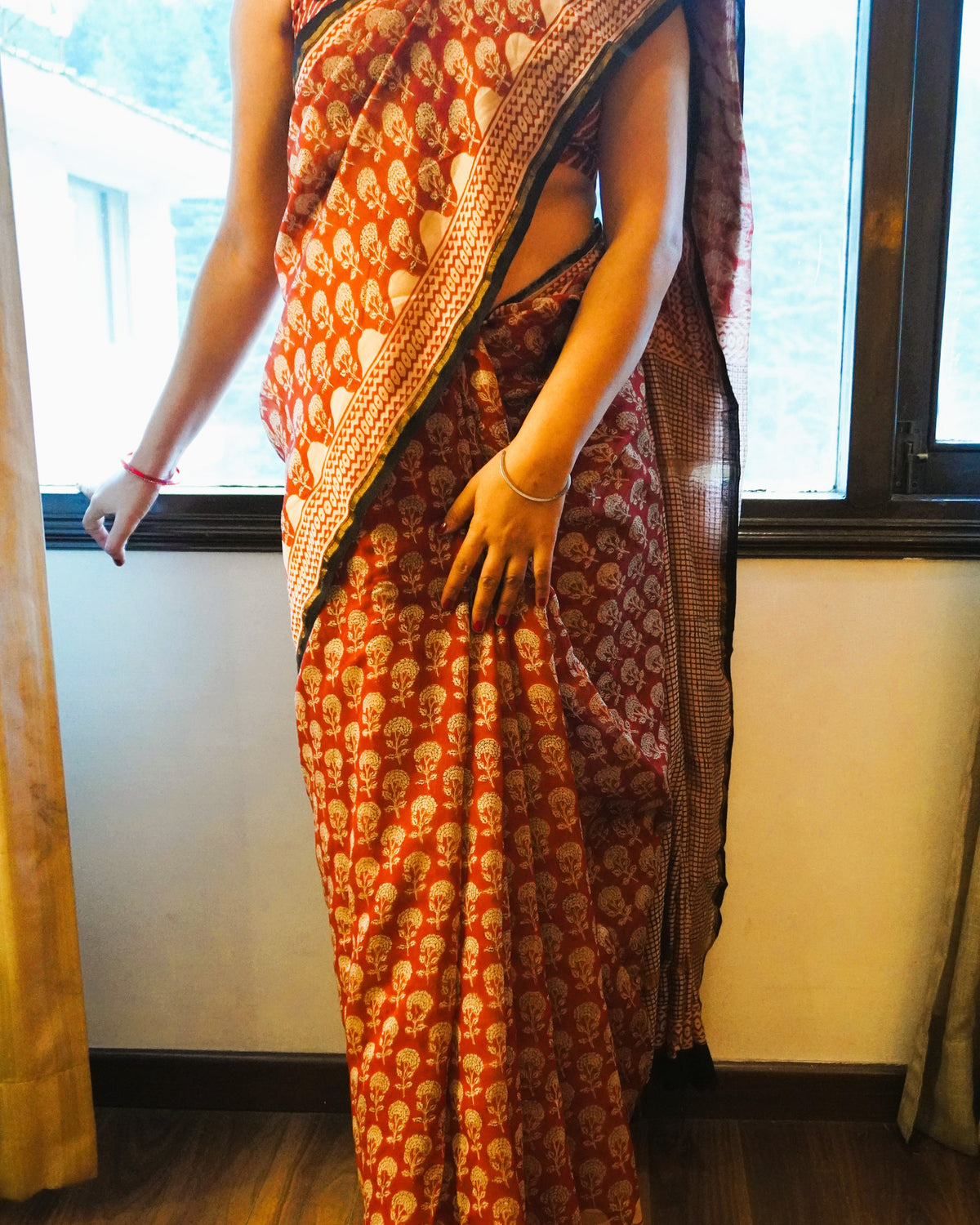 Dark Rust Chanderi Silk Saree with Hand Block Leaf Motifs