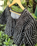 detailed black and white bandhej inspired print on blouse