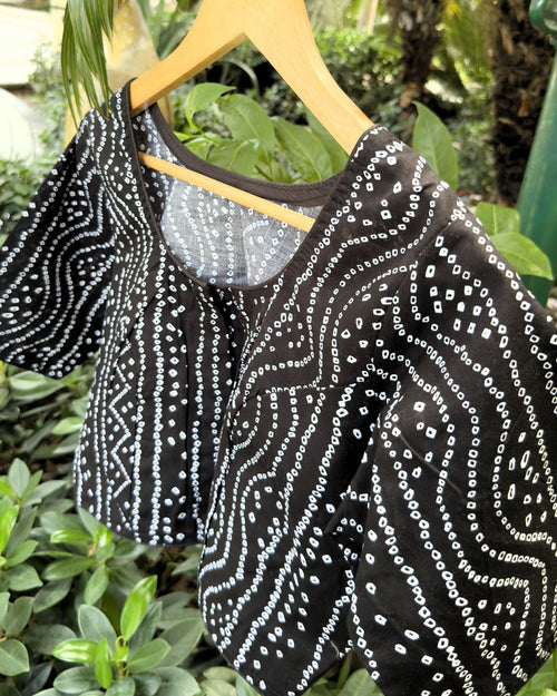 detailed black and white bandhej inspired print on blouse