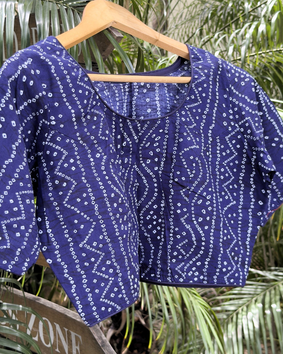 blue cotton blouse with traditional white bandhej dotted pattern