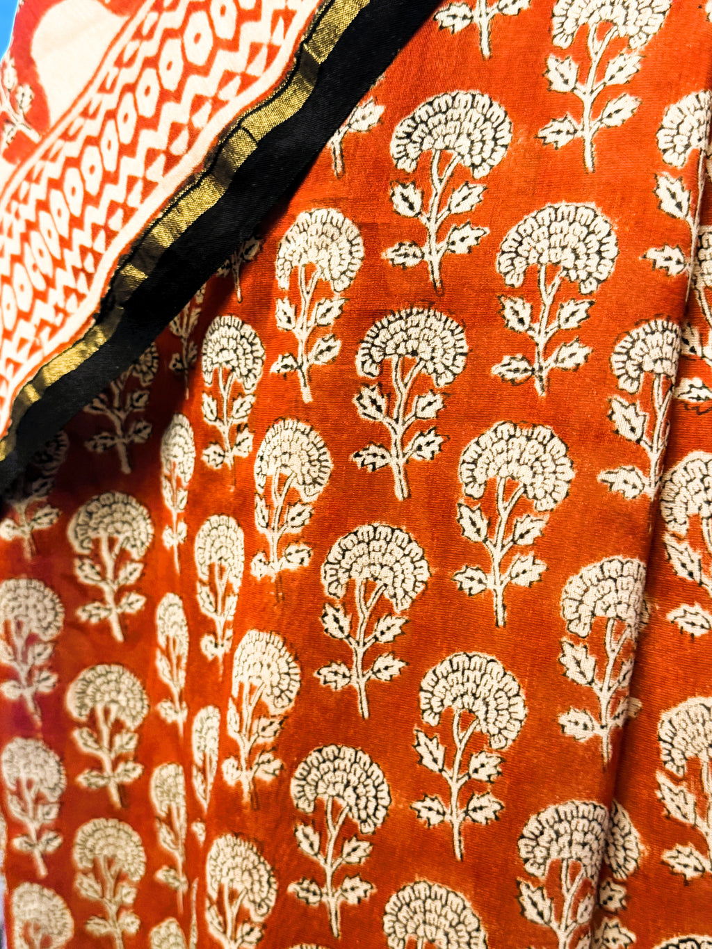 Dark Rust Chanderi Silk Saree with Hand Block Leaf Motifs