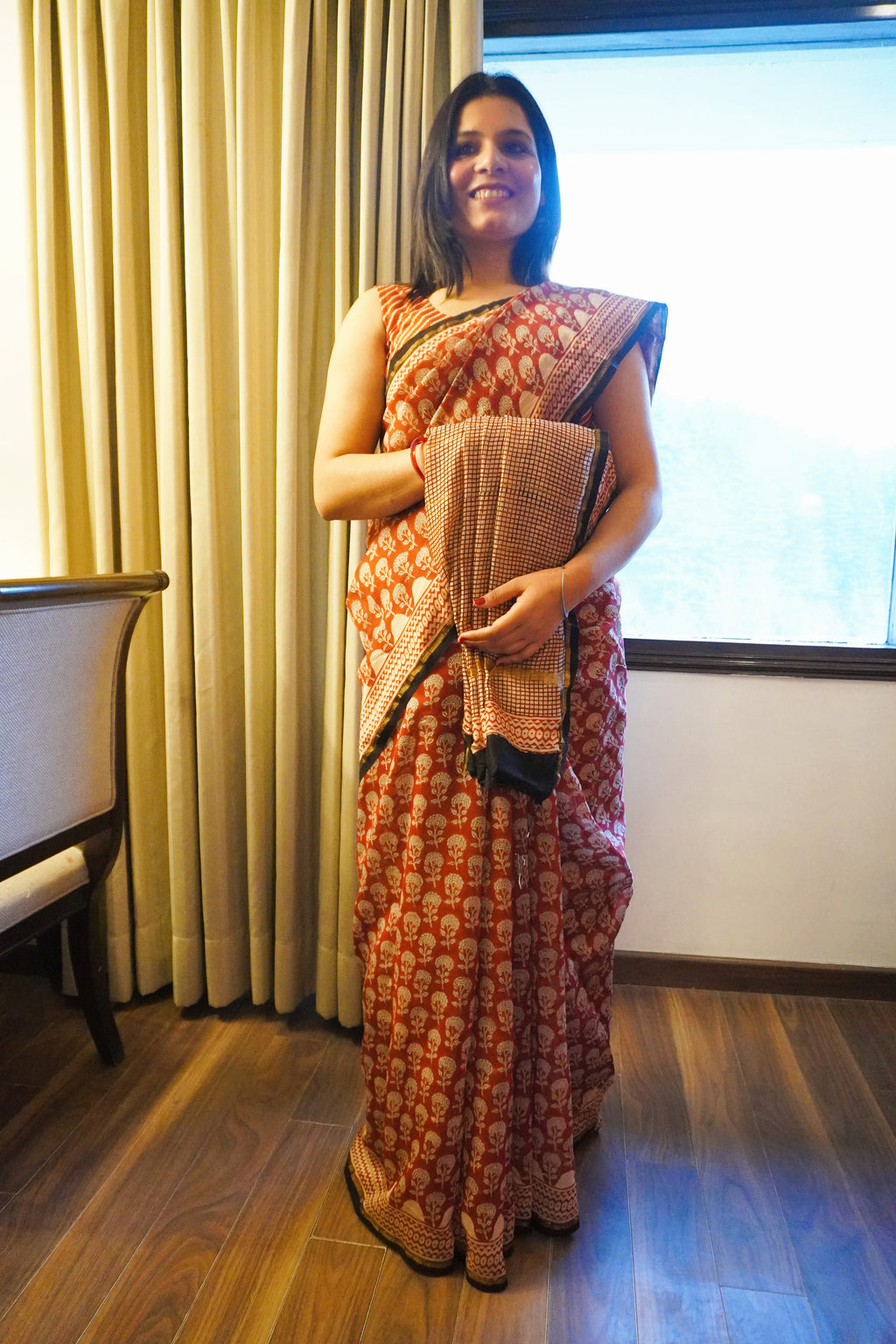 Dark Rust Chanderi Silk Saree with Hand Block Leaf Motifs