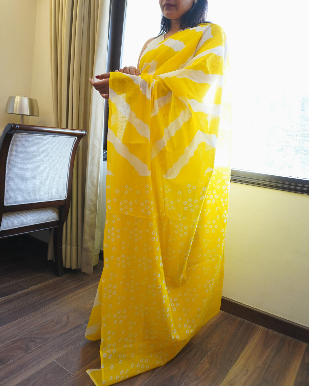 Yellow & White Lehriya Cotton Saree