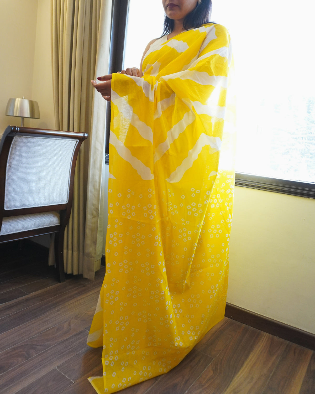 Yellow & White Lehriya Cotton Saree