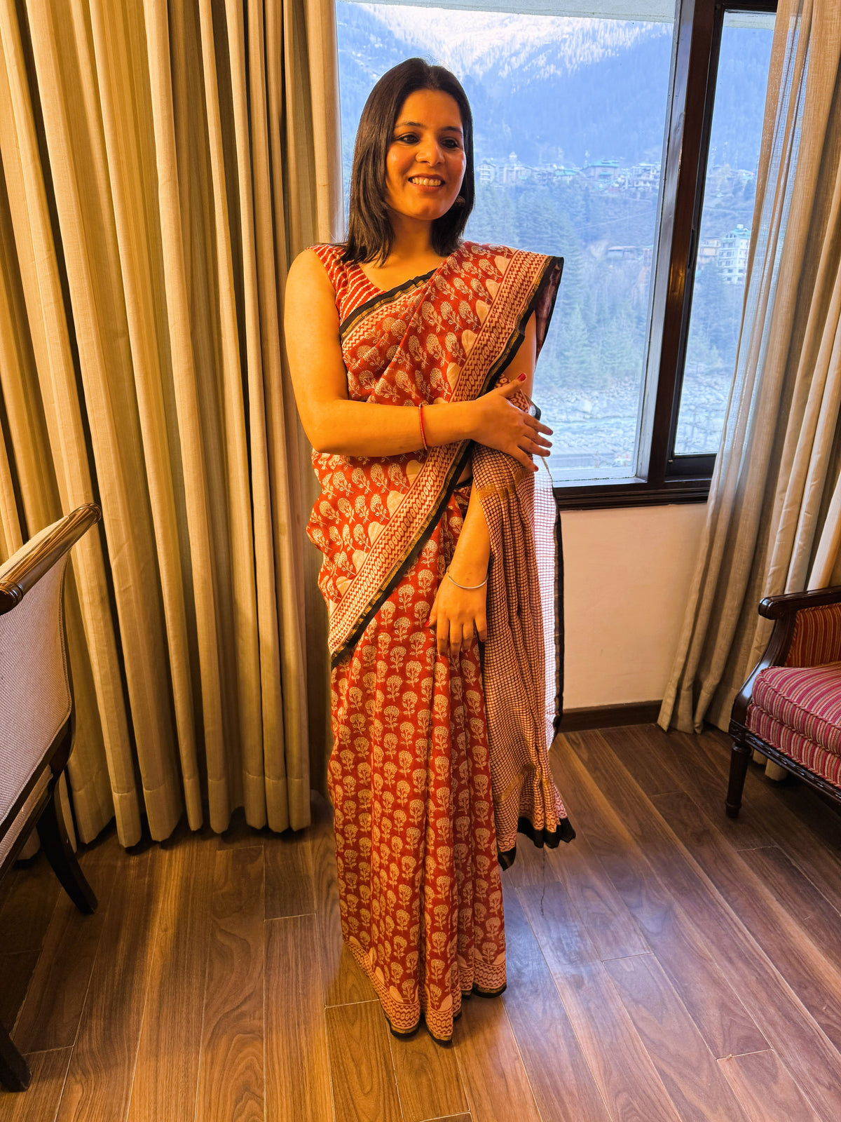 Dark Rust Chanderi Silk Saree with Hand Block Leaf Motifs