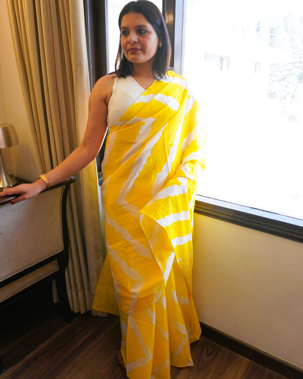 Yellow & White Lehriya Cotton Saree