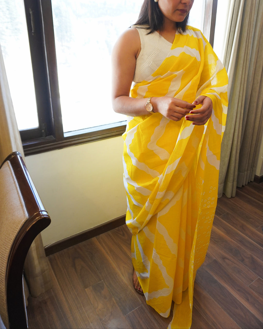 Yellow & White Lehriya Cotton Saree
