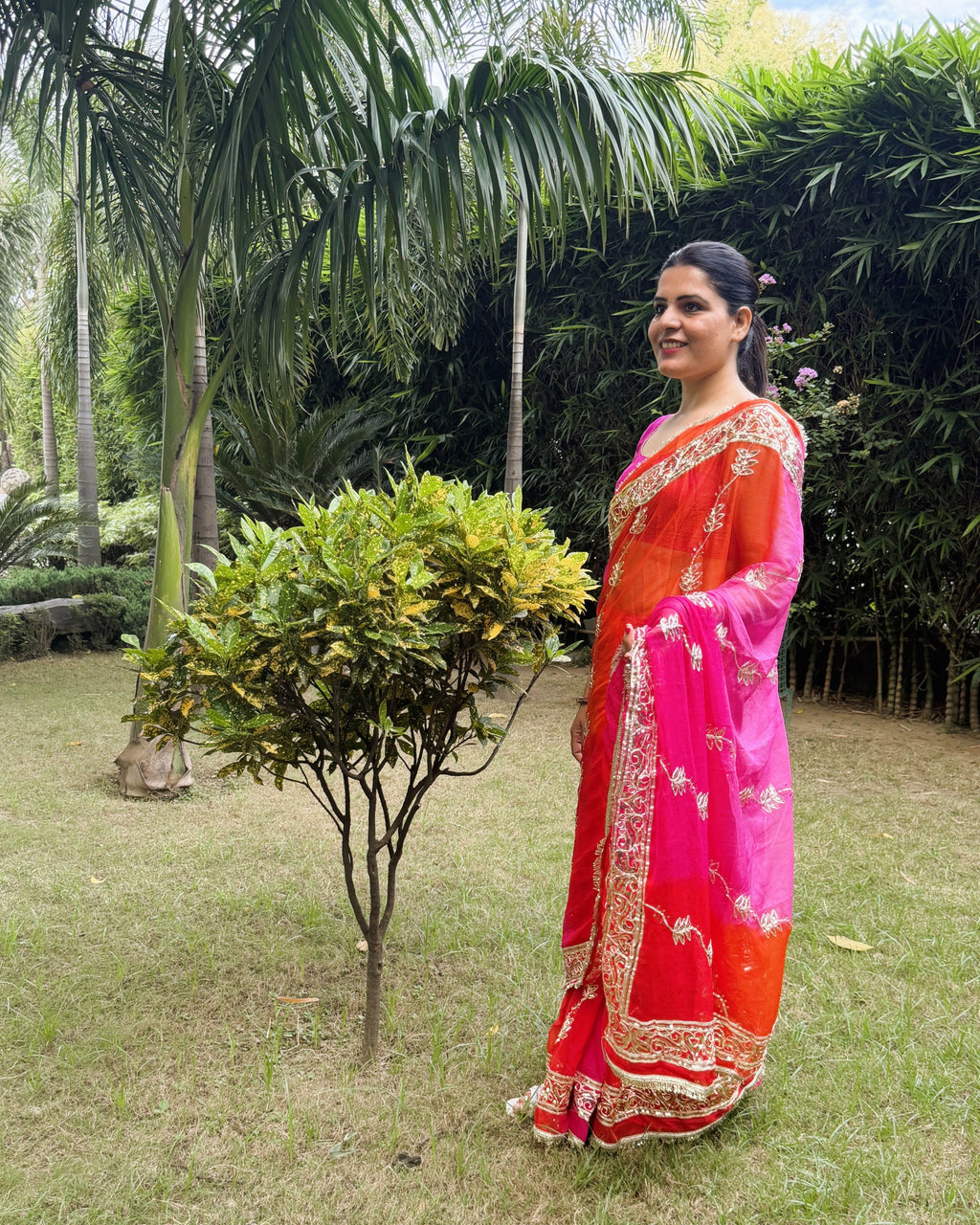 hot pink chiffon saree with silver gotta patti and sequin work front view