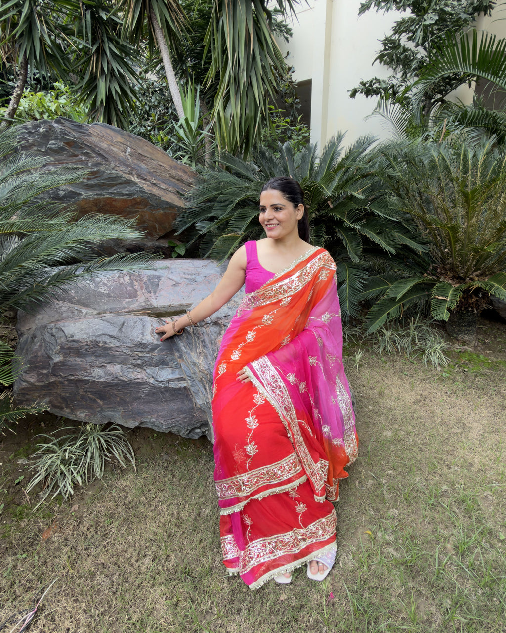hot pink chiffon saree with silver gotta patti and sequin work front view look