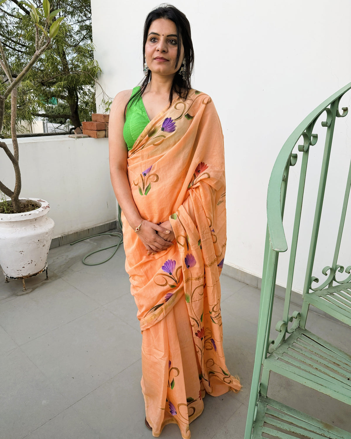 Peach Chanderi Cotton Hand Paint Saree