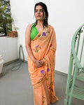 Peach Chanderi Cotton Hand Paint Saree