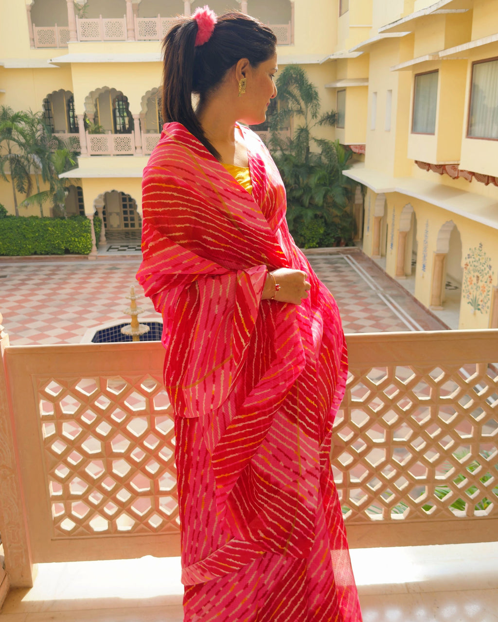 kota doria saree, semi kota saree, lehriya saree, red lehriya saree, rajasthani saree, festive saree, teej saree, karwa chauth saree