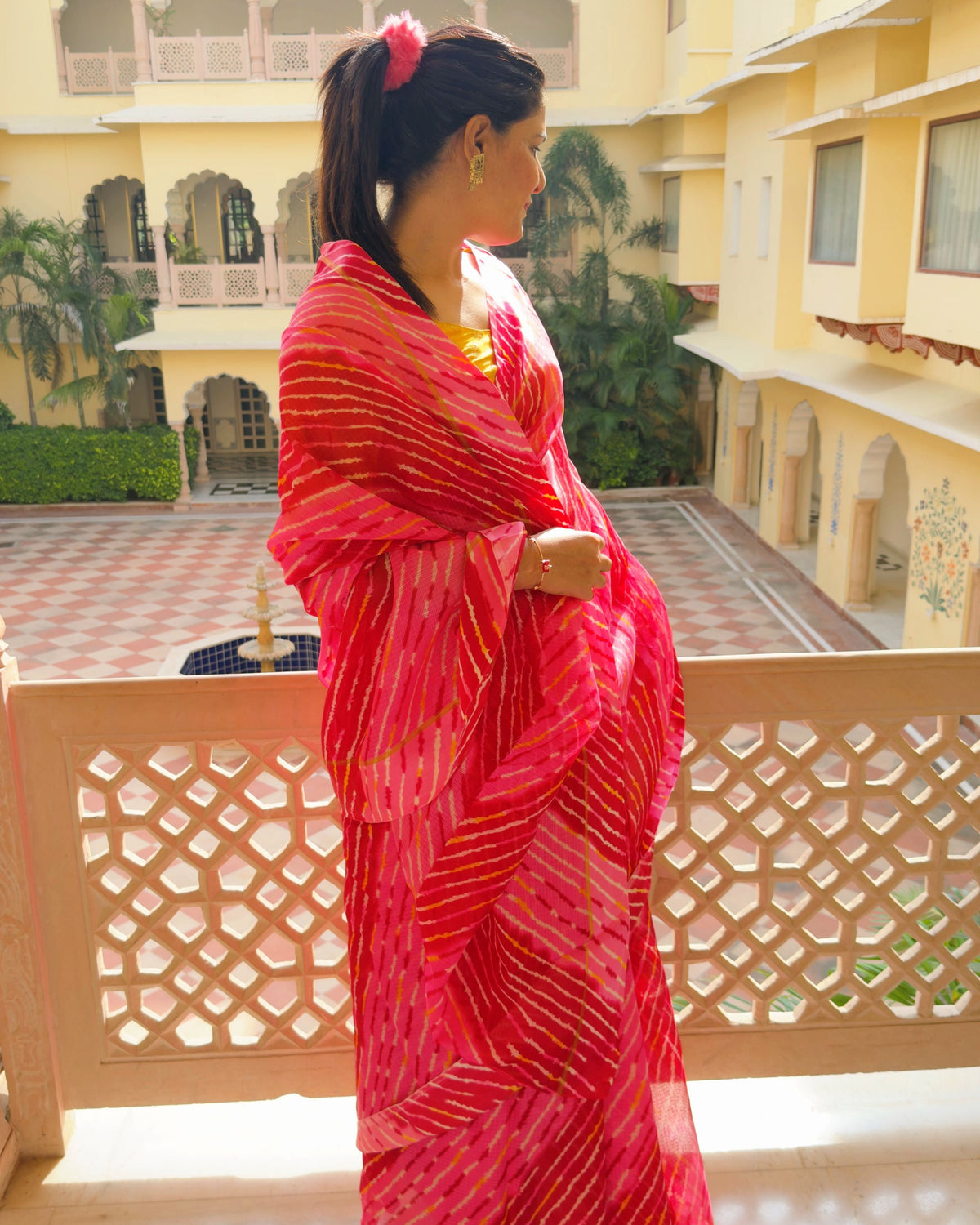 kota doria saree, semi kota saree, lehriya saree, red lehriya saree, rajasthani saree, festive saree, teej saree, karwa chauth saree