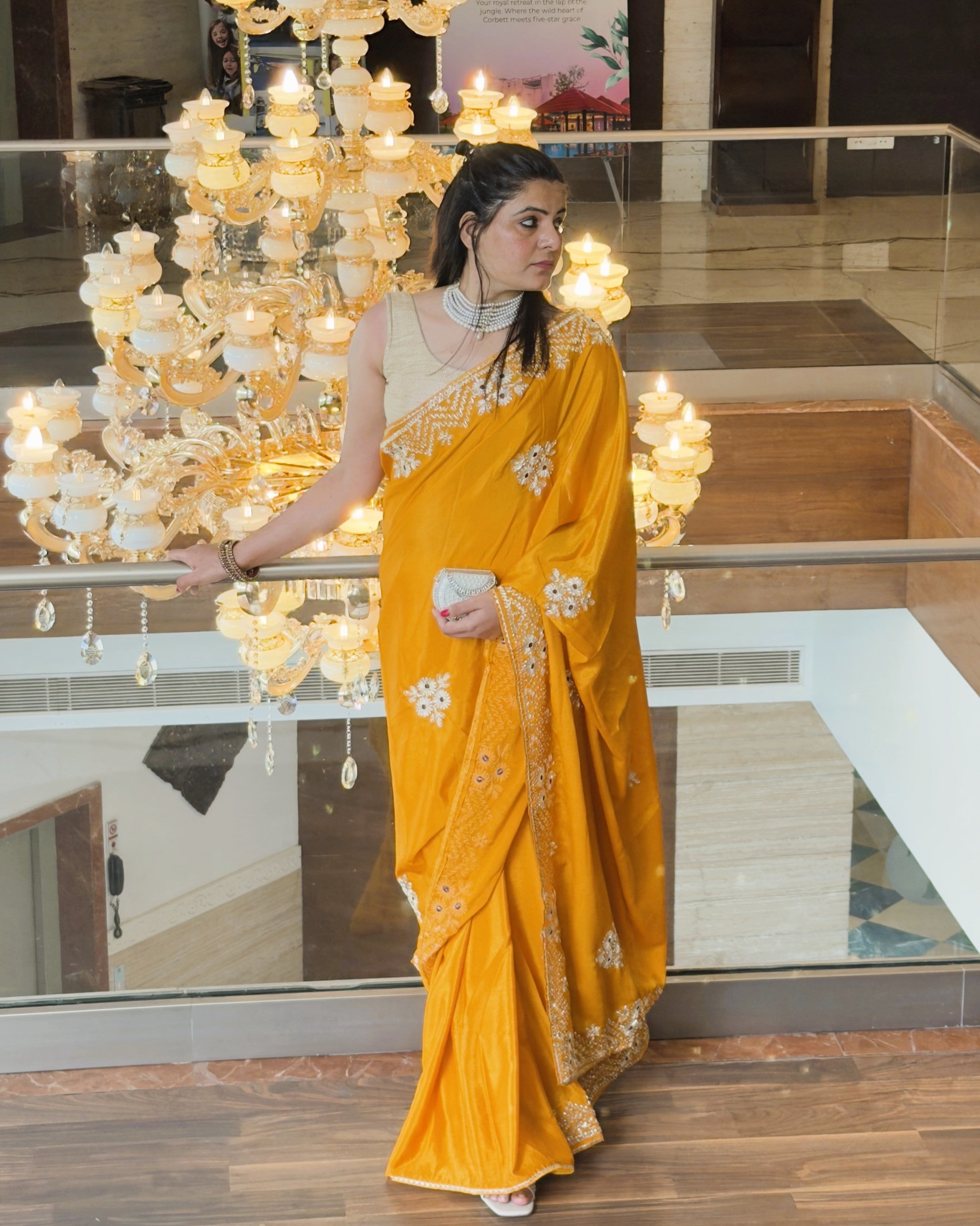 mustard yellow vichitra silk saree with silver gotta patti floral work front view