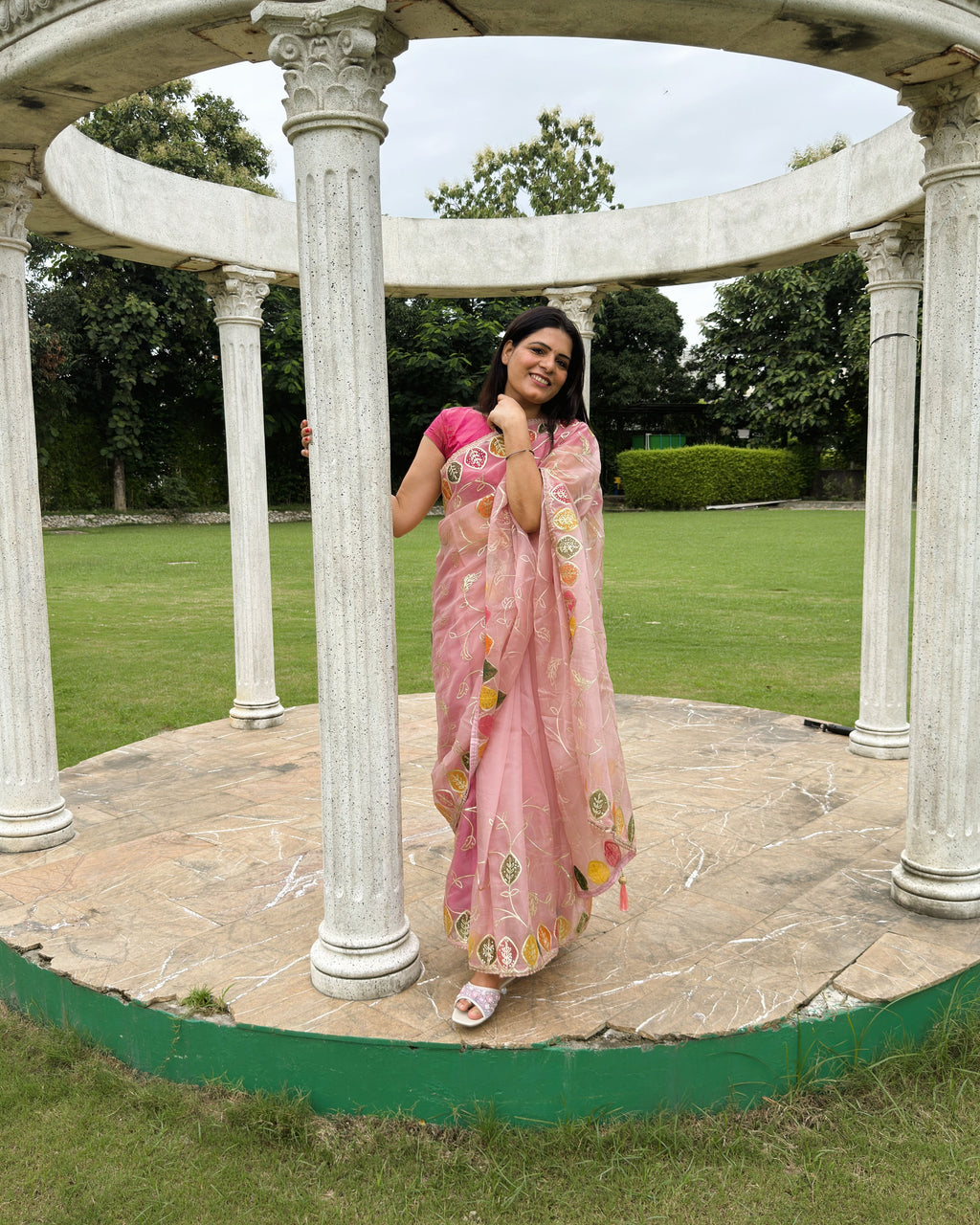 elegant peach organza festive saree with multicolour gotta patti and embellished motifs