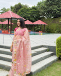 peach organza saree with multicolour gotta patti motifs and intricate embellishment