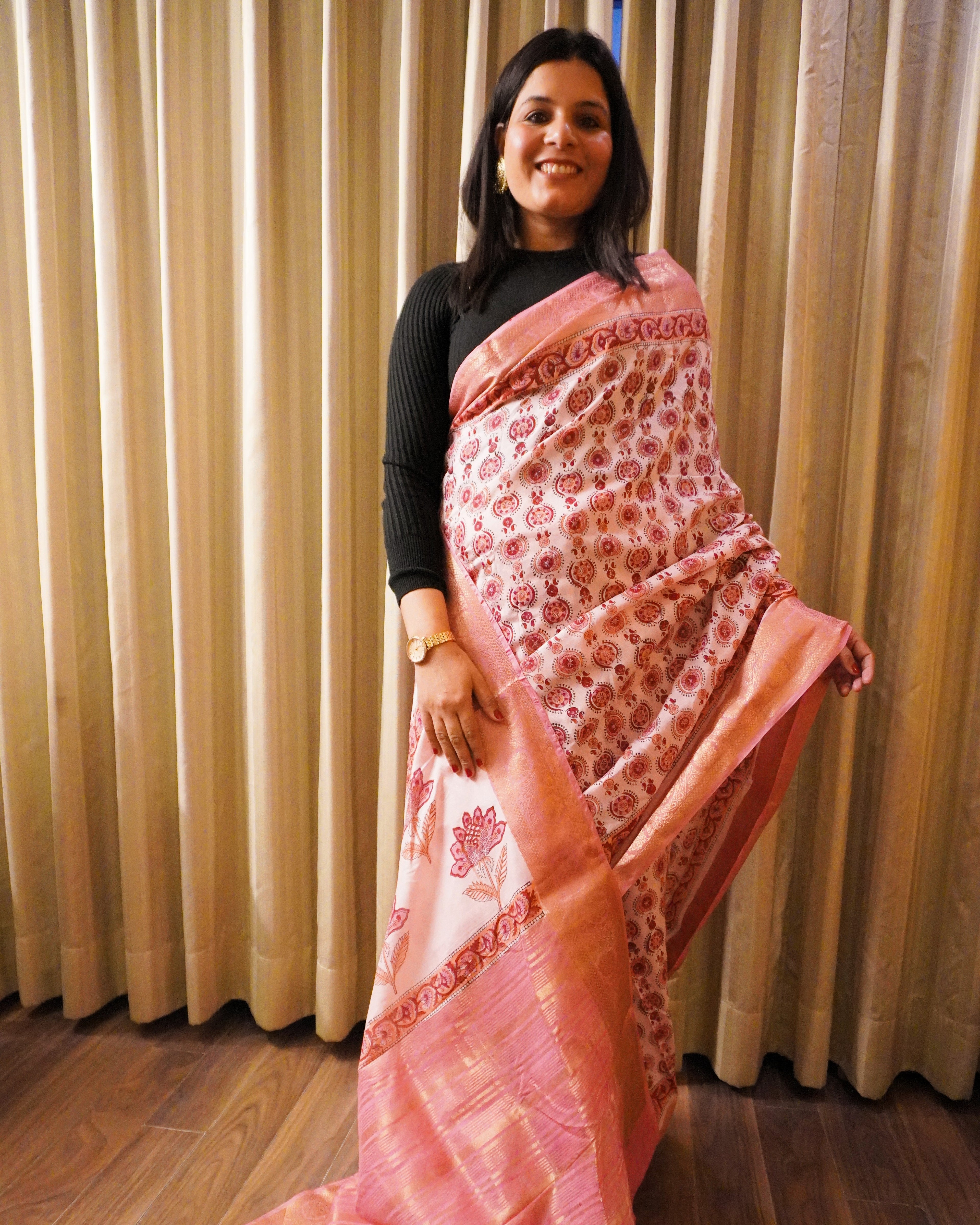 Front drape view of pink Bagru print modal silk saree showcasing full drape and traditional handblock design