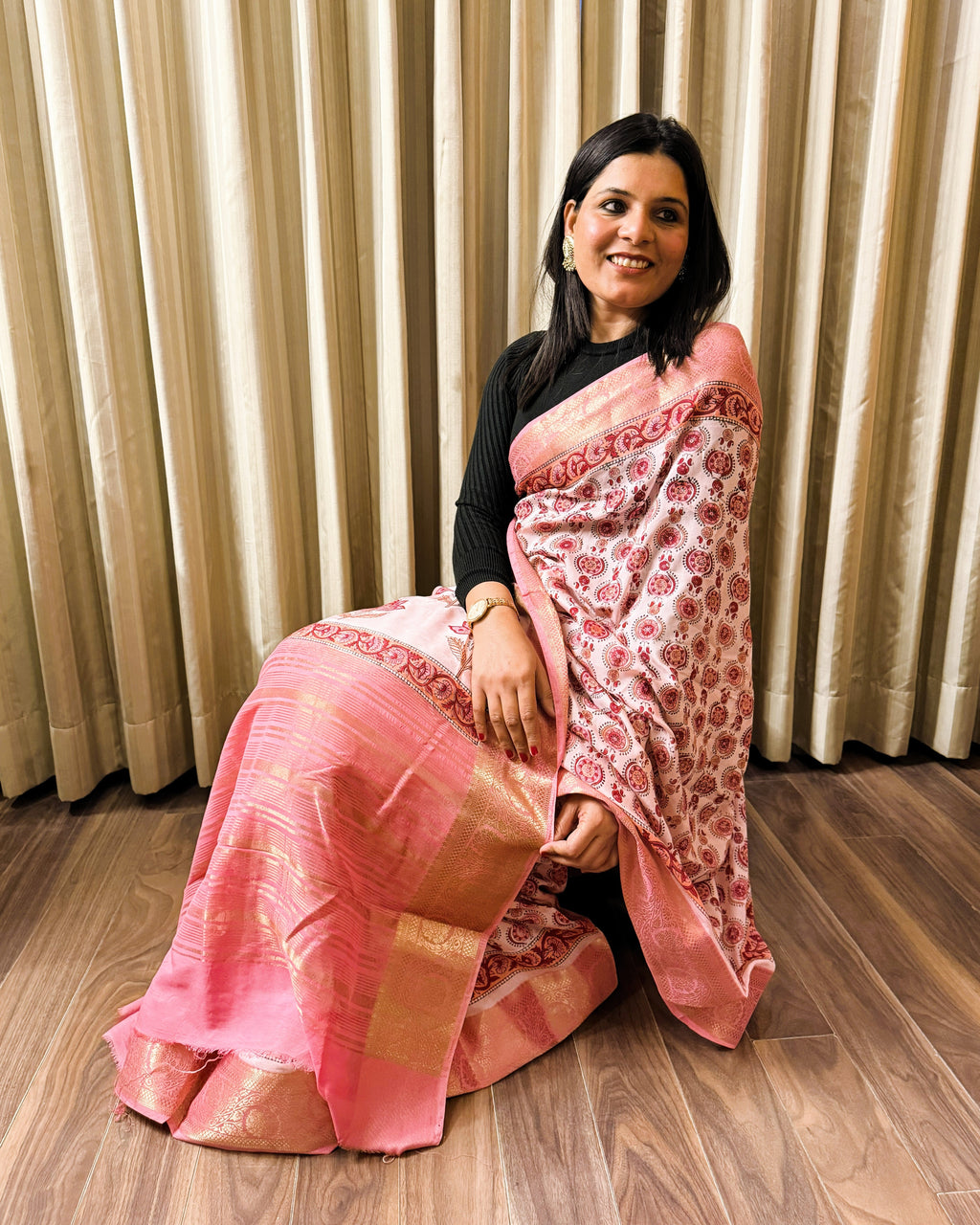 Front view of pink Bagru print modal silk saree showcasing full drape and traditional handblock design
