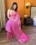 Front view of pink and beige leaf motif handblock print Kota Doriya saree showcasing full drape and lightweight fabric
