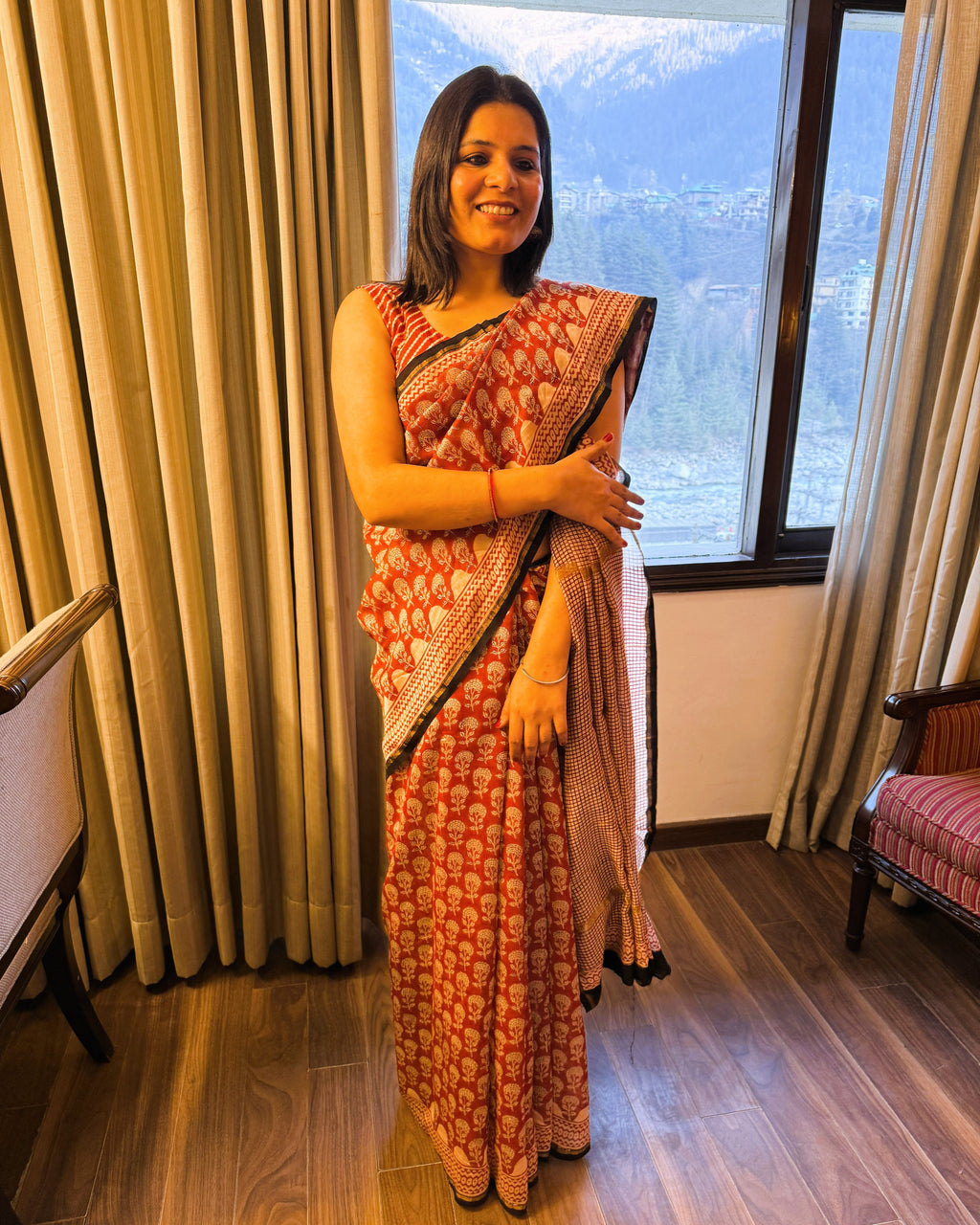 Front look of rustic maroon Chanderi silk handblock Bagru print saree highlighting overall look and flow