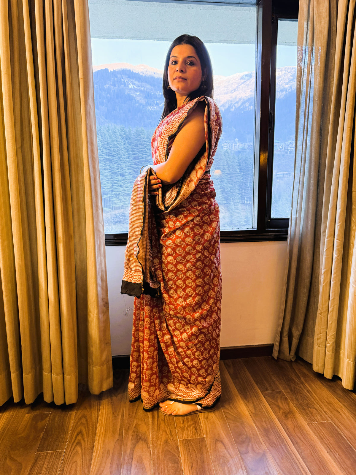 Dark Rust Chanderi Silk Saree with Hand Block Leaf Motifs