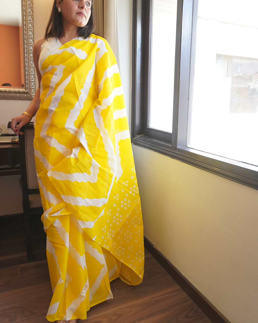 Yellow & White Lehriya Cotton Saree