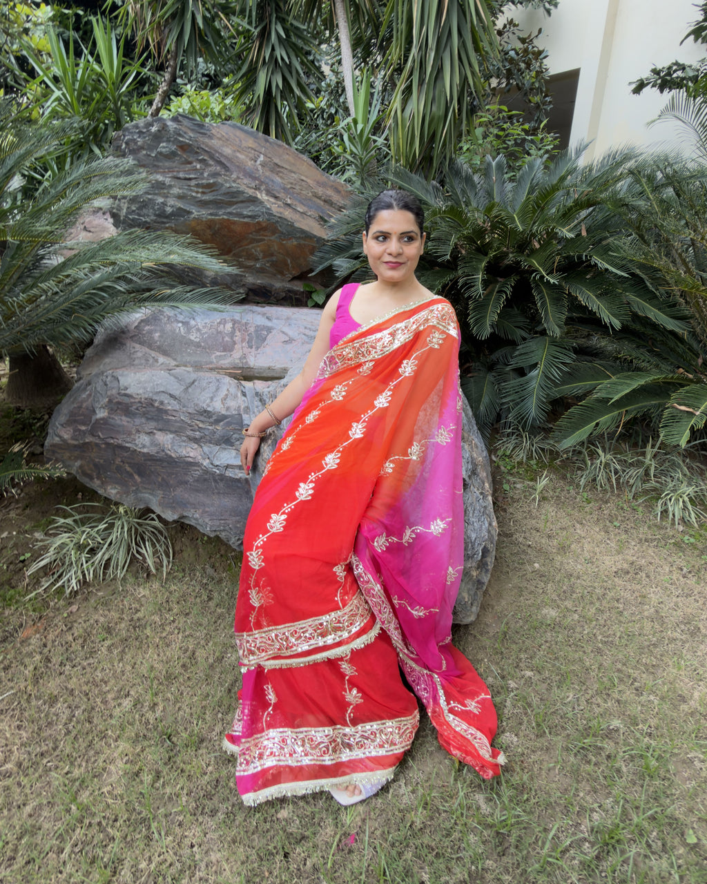 intricate silver gotta patti and sequin border on hot pink chiffon saree