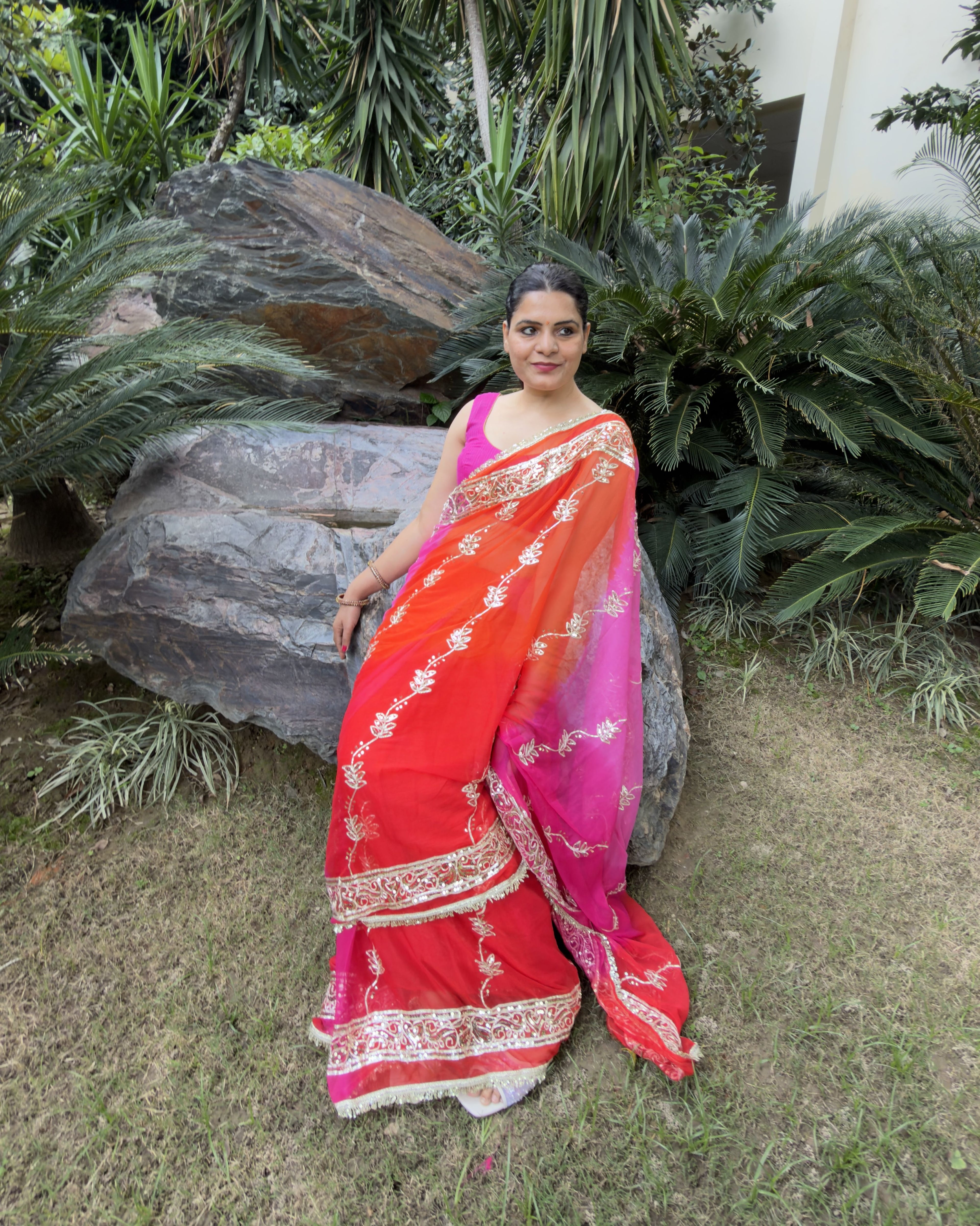 intricate silver gotta patti and sequin border on hot pink chiffon saree