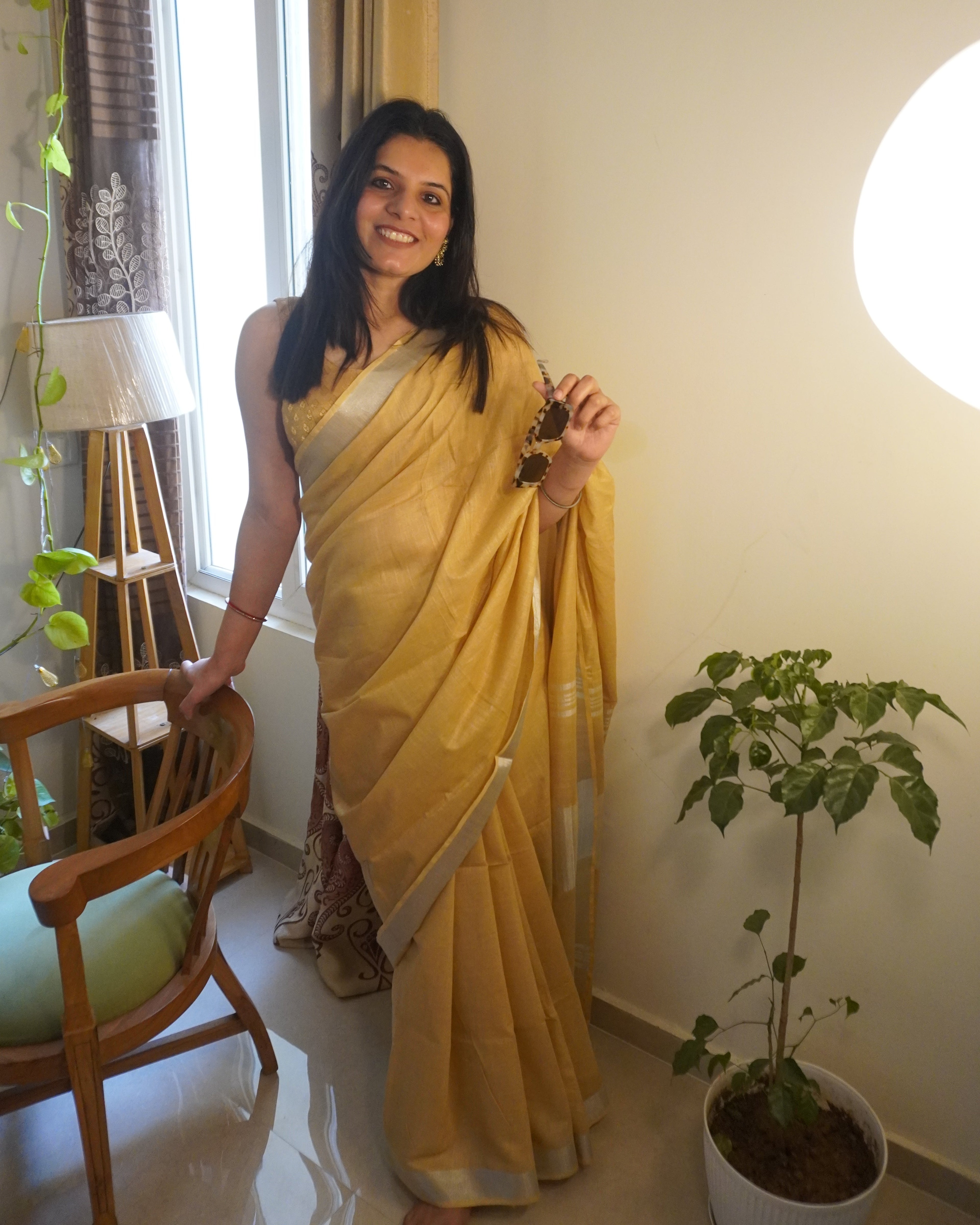 full front drape beige linen saree with zari border