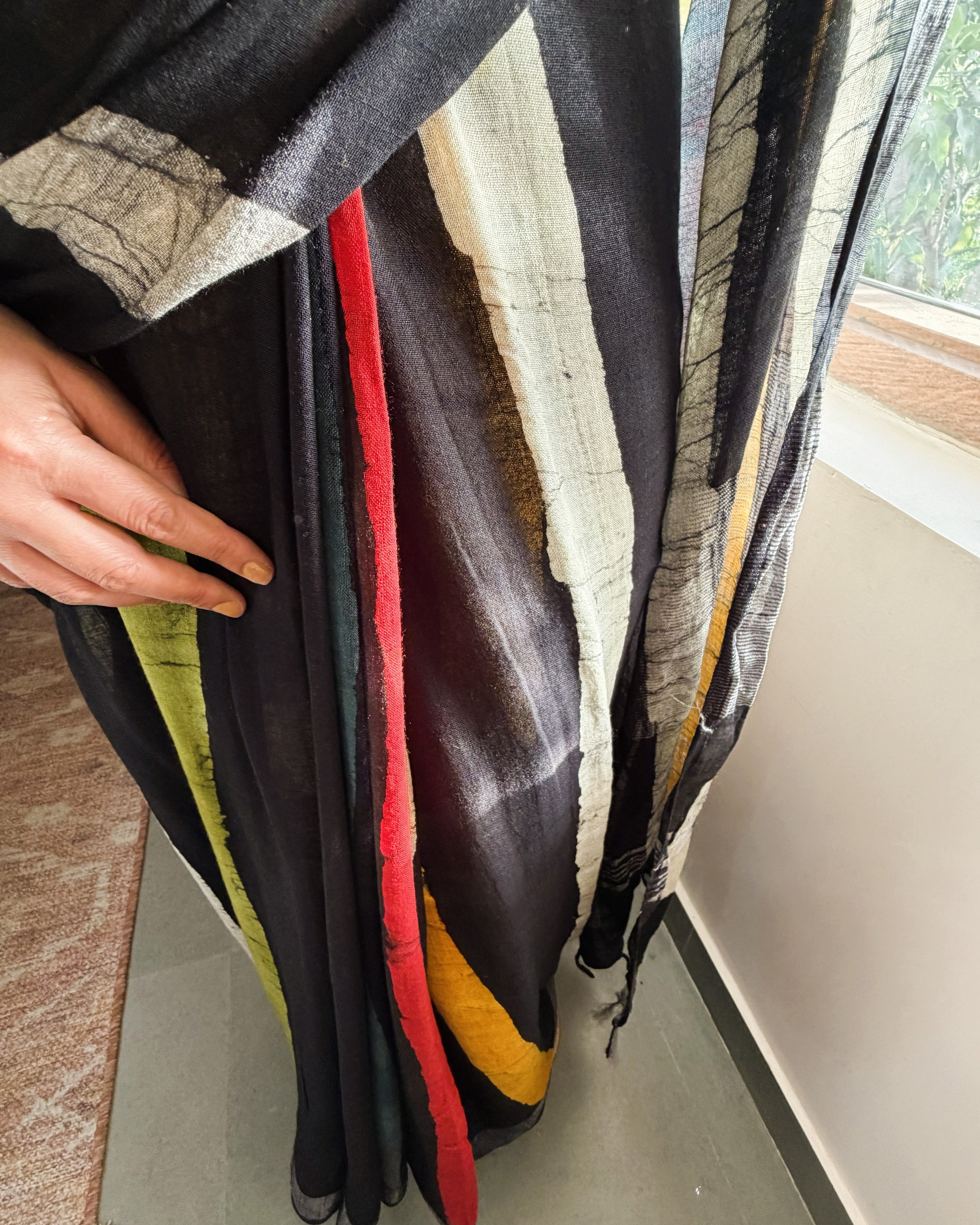 fabric texture black linen batik saree detail look