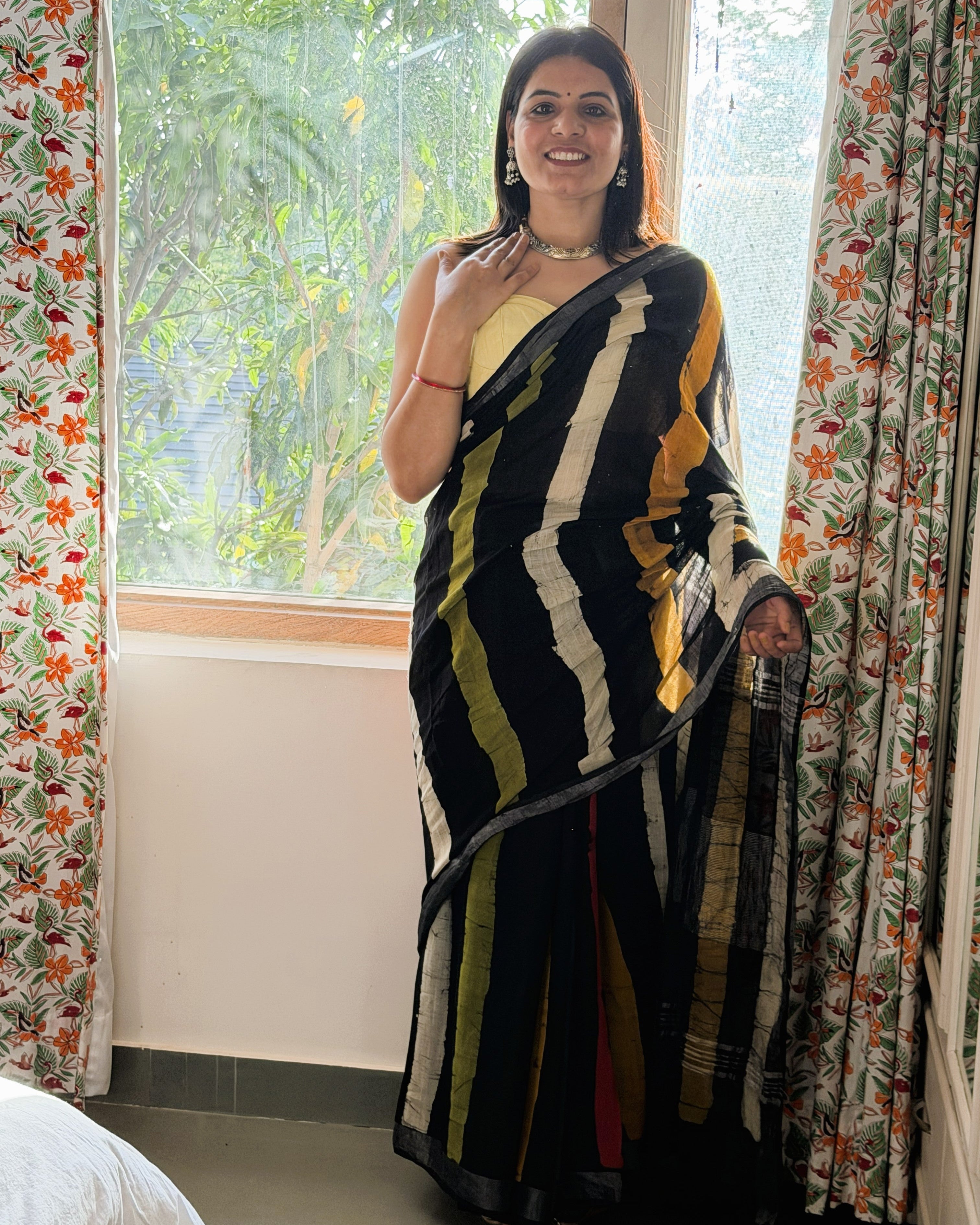 full front drape black batik linen saree