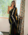 black batik print linen saree front view