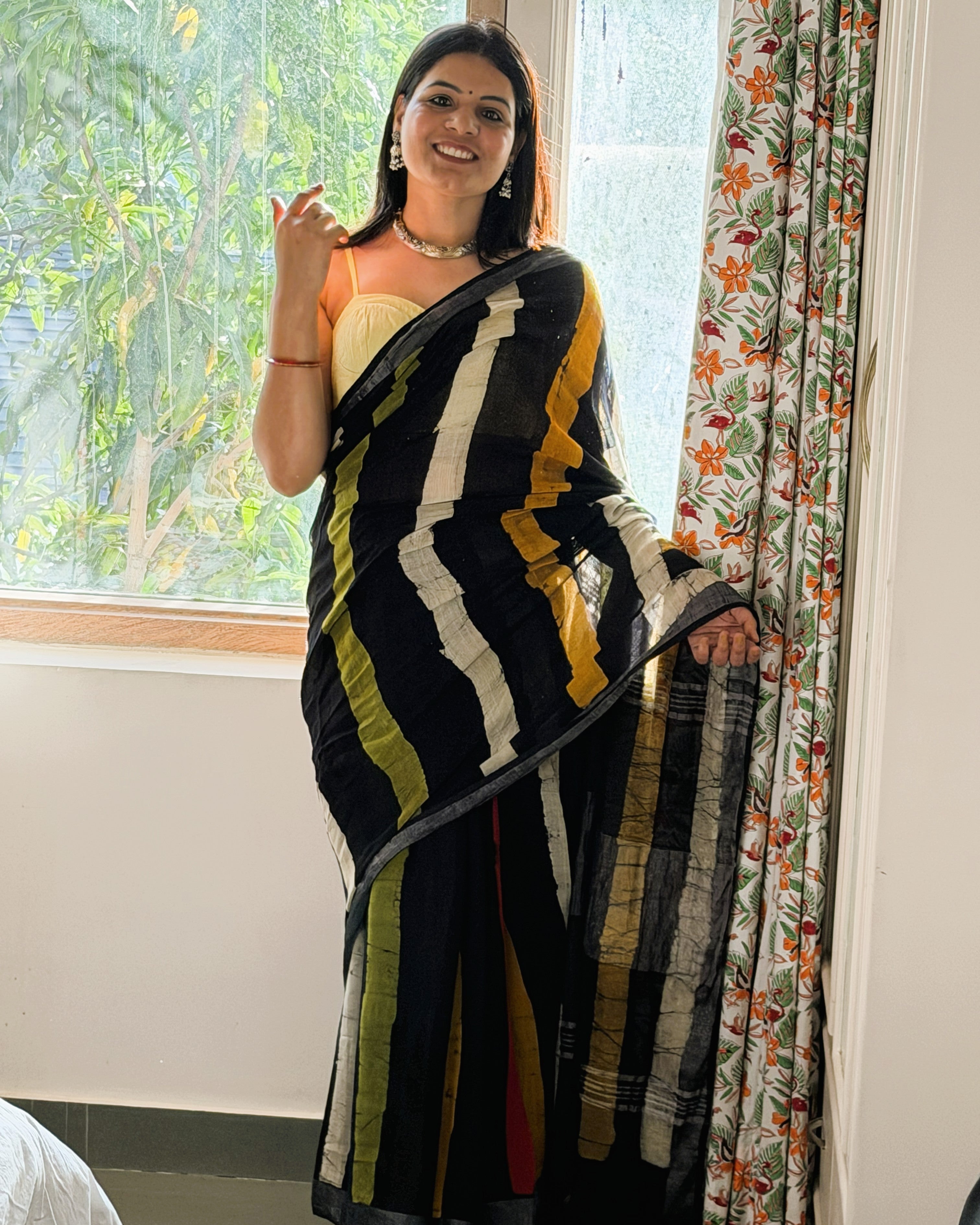 black batik print linen saree front view