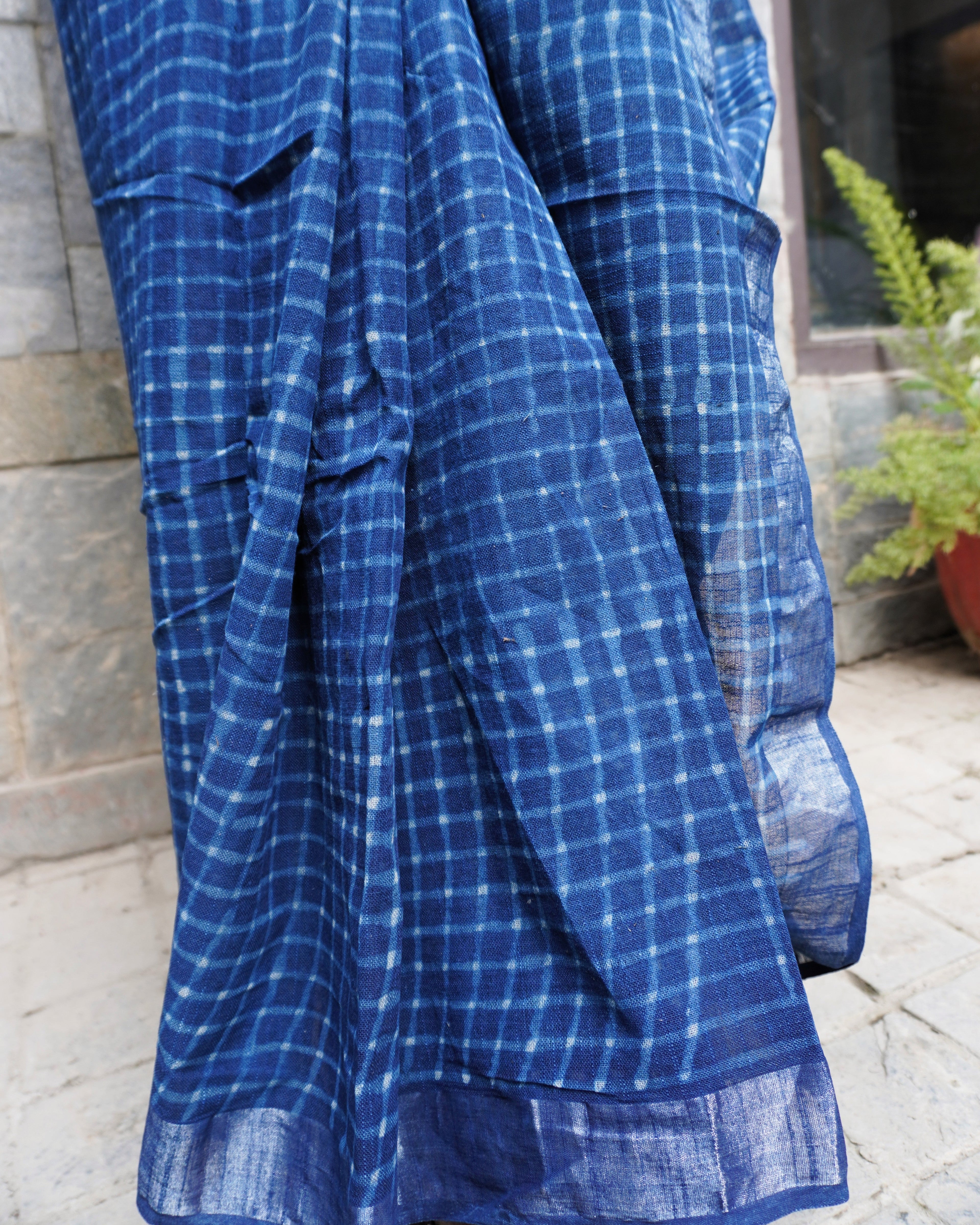 Close up of blue linen check pattern fabric