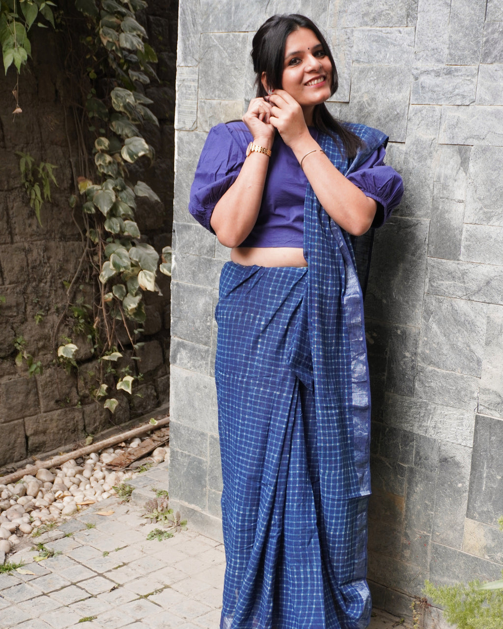 Blue linen check print saree front view