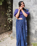 Blue linen check print saree front view