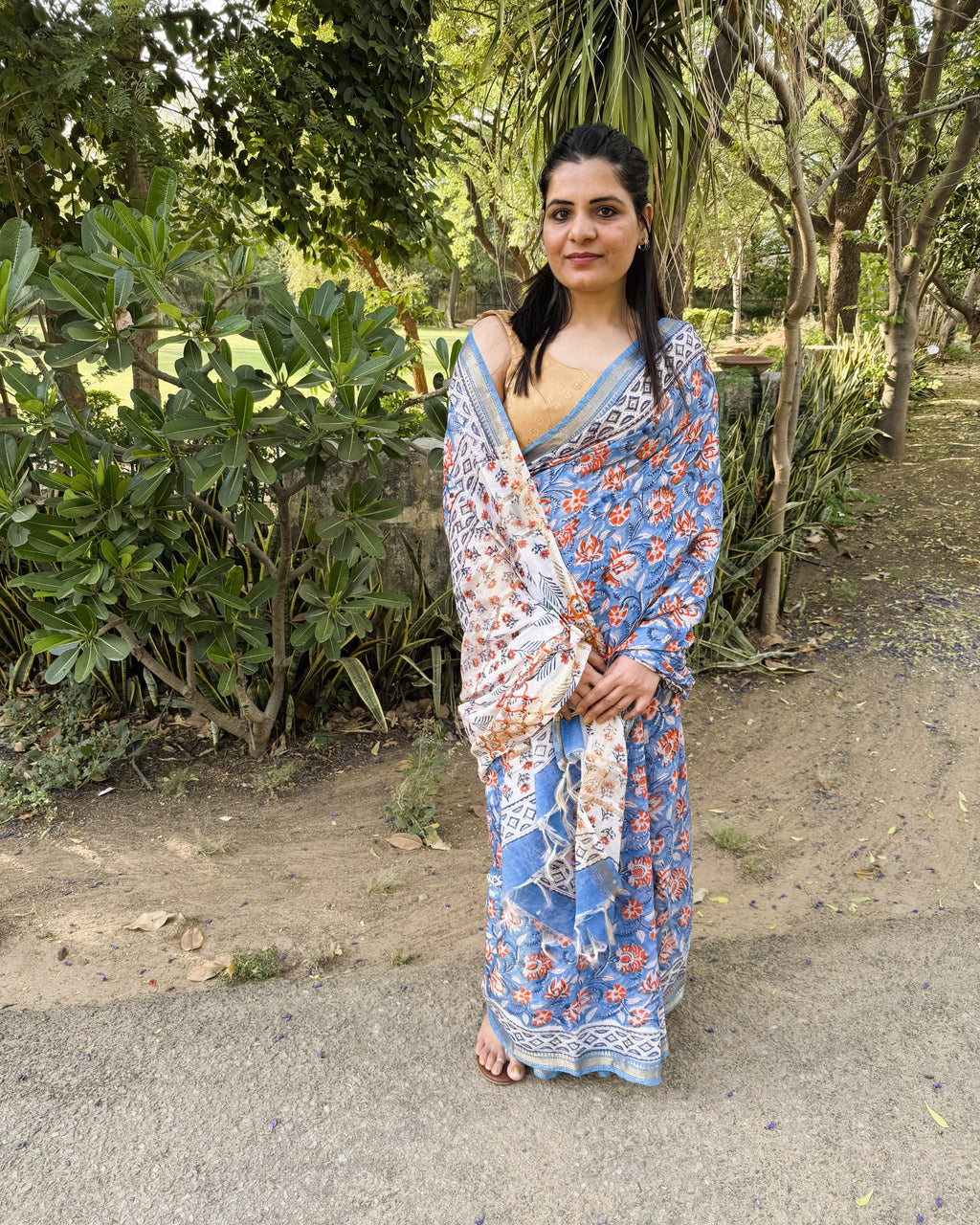blue sanganeri print maheshwari silk saree front view