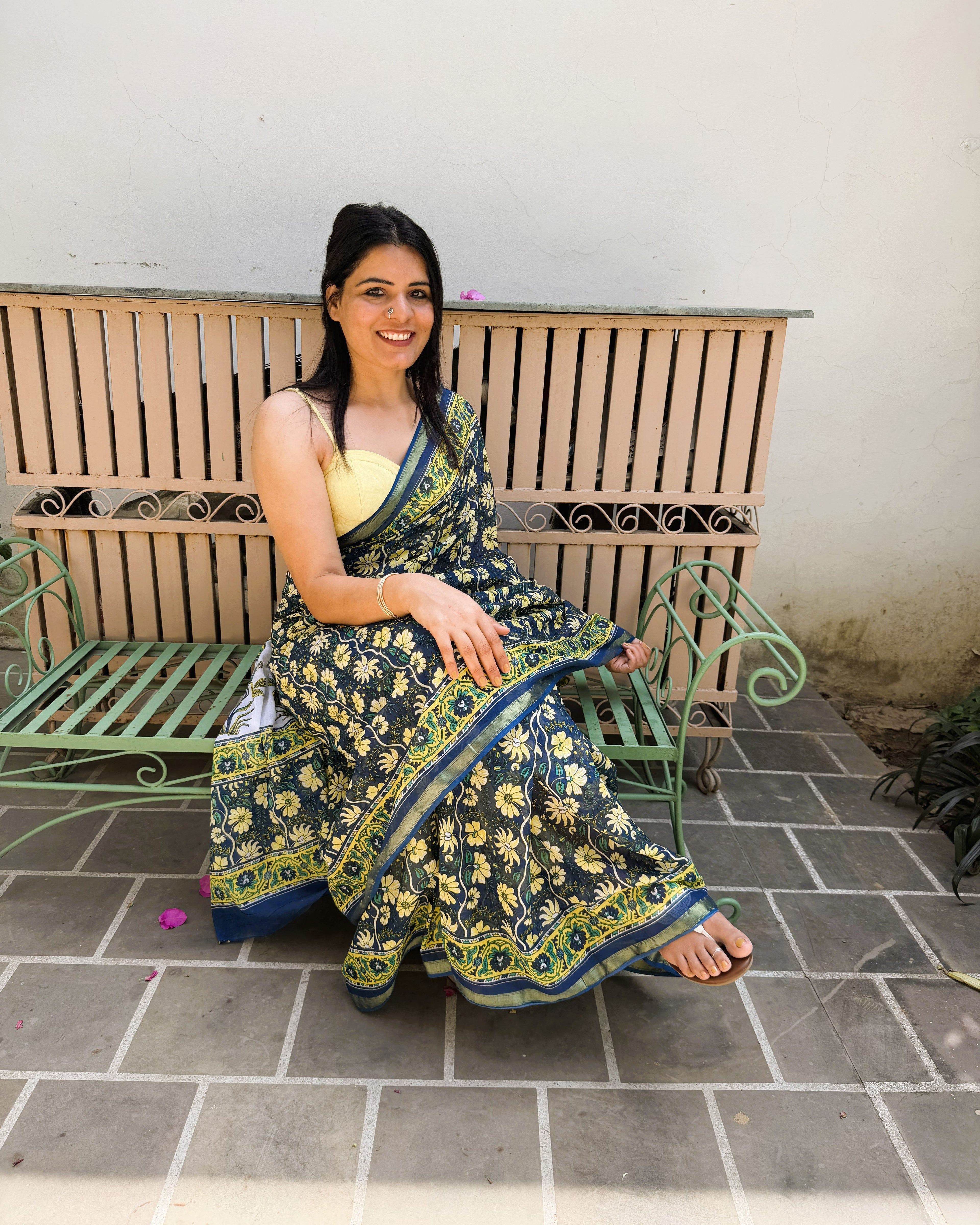 blue sanganeri print mul cotton saree front view with zari border