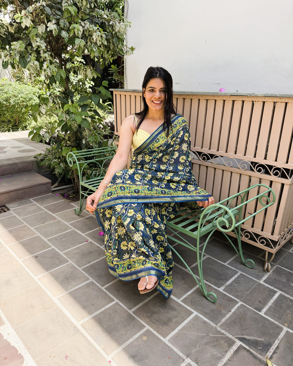 full front drape blue mul cotton saree sanganeri print