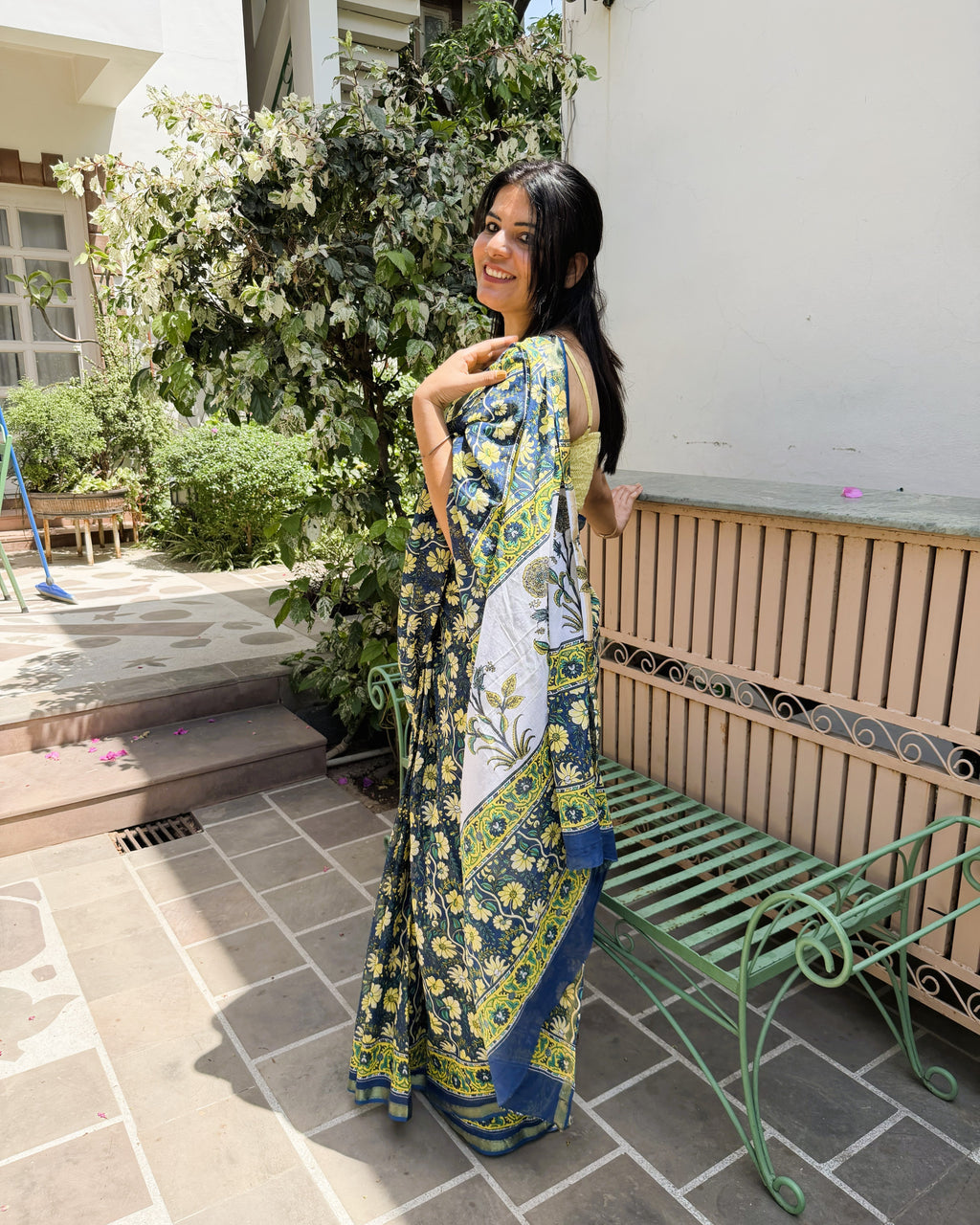 side view blue mul cotton saree sanganeri print drape