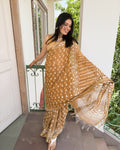 brown handblock printed maheshwari silk saree front view