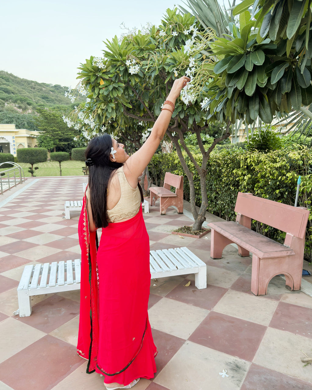 Deep red saree with gold Gotta Patti work and green detailing