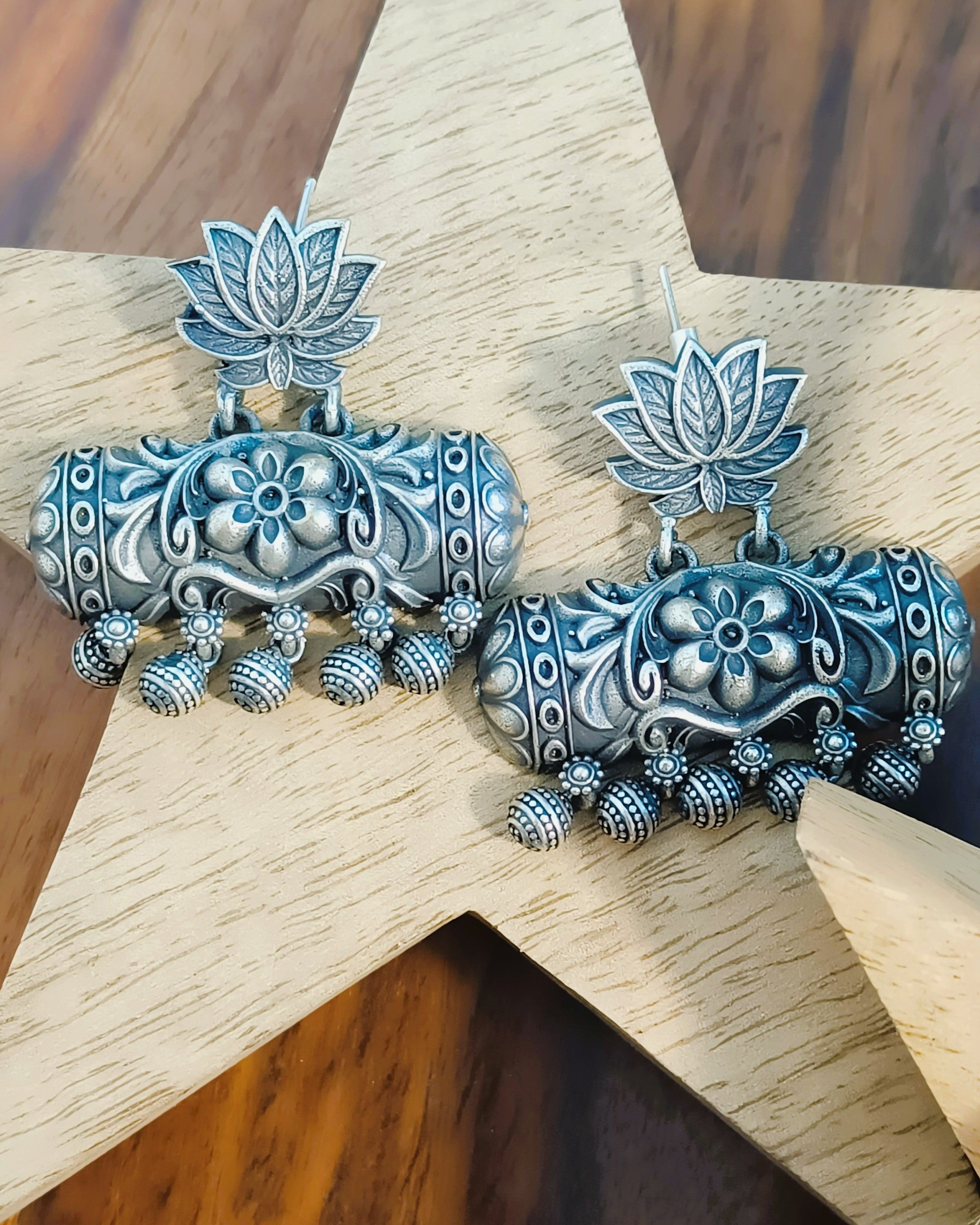 Antique oxidised silver elephant stud earrings with lotus flower top and tiny jhumka bell drops