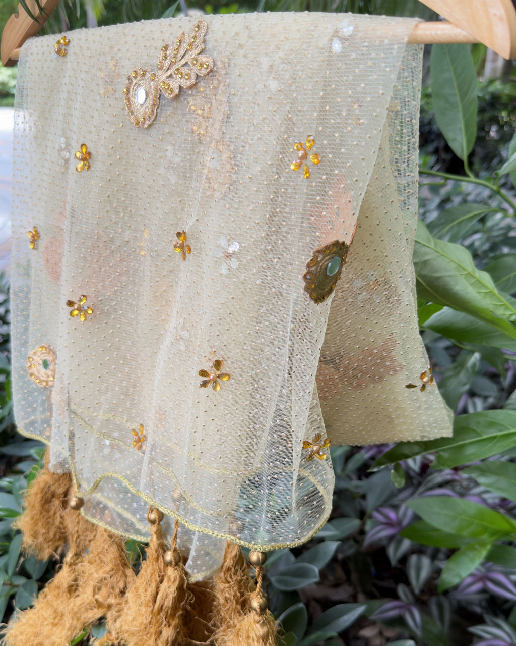Golden handcrafted embellished dupatta for festive and wedding wear