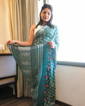 Green and beige hand block leaf print pure linen saree front view