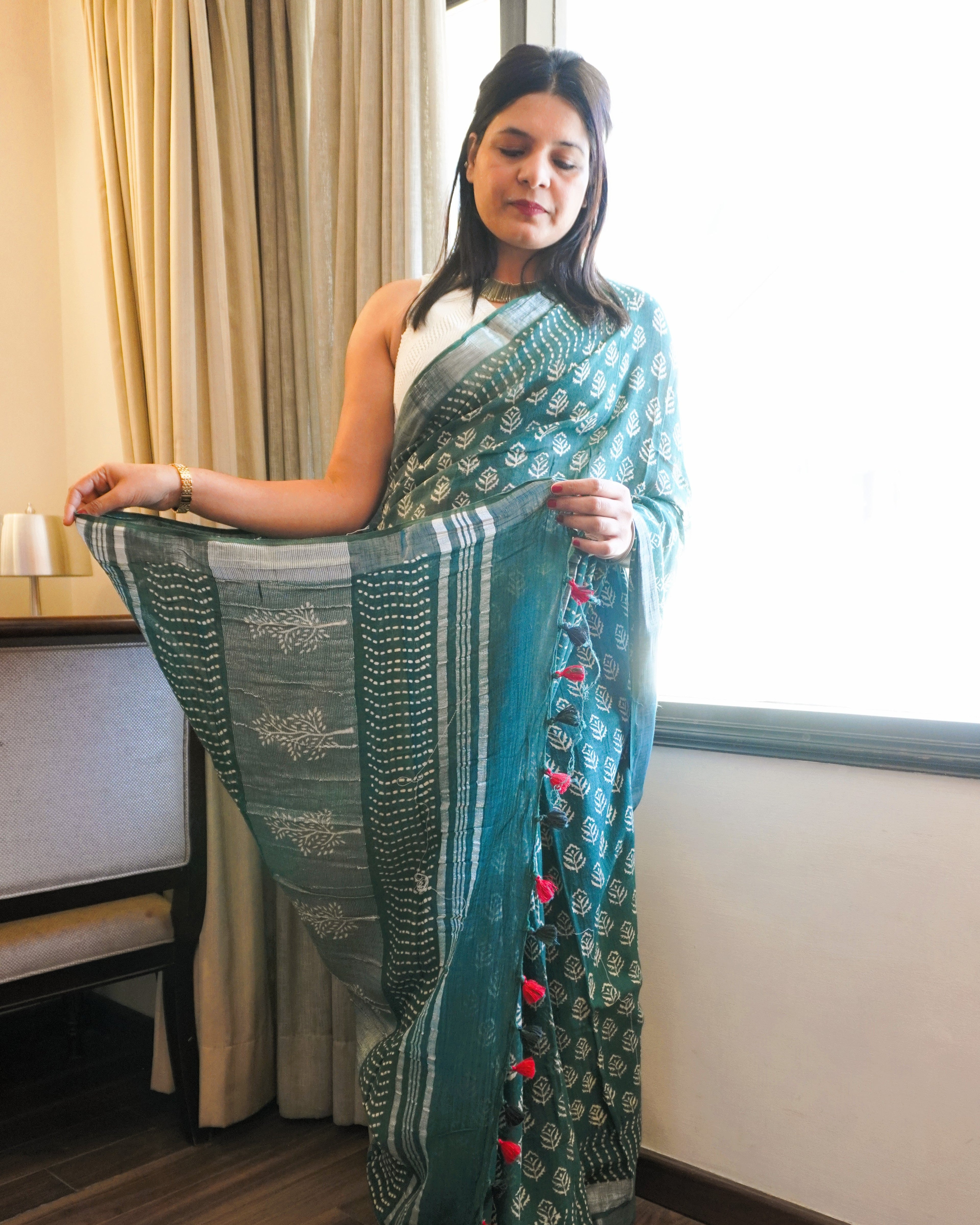Green and beige hand block leaf print pure linen saree front view